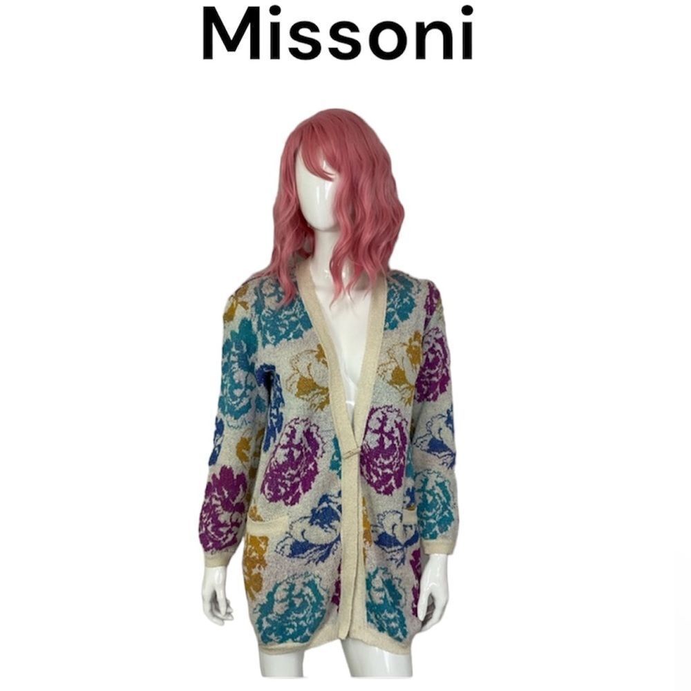 Missoni Colorful Floral Open Front Long Sleeve Knit Oversized Cardigan Sweater S